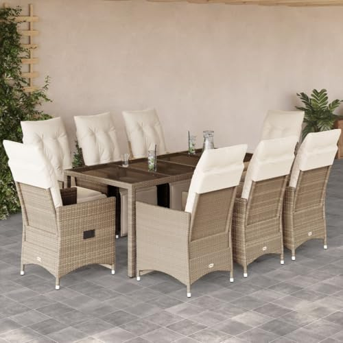 Set di 9 bistrò da giardino con cuscino beige polyrattan, poltrone regolabili, tavolo in vetro, per terrazza, balcone, esterno, resistente ai raggi UV, resistente alle intemperie