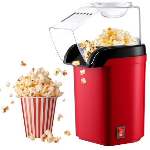 Macchina per popcorn ad aria calda, 1200W Mini macchina per popcorn ad aria calda senza olio e grassi, avvio rapido in 3 minuti, One-Touch, funzionamento compatto, macchina per popcorn design retrò