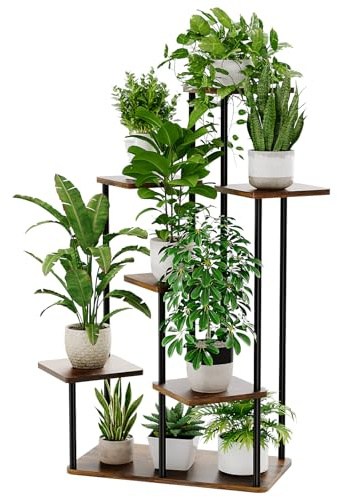 Bamworld Support pour plantes d'intérieur à 7 niveaux - Escalier de fleurs en bois et métal - Étagère à plantes à plusieurs étages pour salon, balcon et couloir - Marron foncé