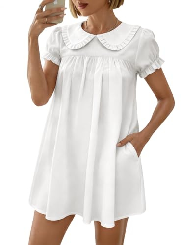 Xuiqx Women's Cute Babydoll Mini Dress Peter Pan Collar Ruffle Short Sleeve Pleated A Line Dresses 2026 Summer (White Small)