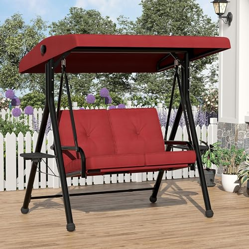 Garvee Hollywood Swing a 2 Posti Tettuccio Parasole Regolabile Struttura Portante Altalena Giardino Cuscino Rimovibile Portabicchieri Tavolo Pieghevole Idrorepellente Patio, Giardino Fino a 280 kg