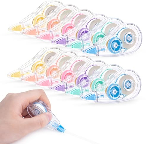 JEFURE Mini Cintas Correctoras 12 Piezas, 5,5 m x 5 mm, 6 Colores Pastel | Correction Tape con Capuchón Protector, Secado Instantáneo, Cinta Resistente a Desgarro, para Material Escolar y Oficina