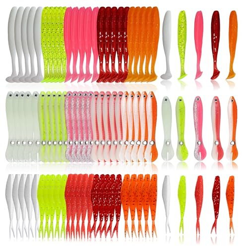 JNYUTEEN 75 Piezas Señuelos Blandos de Pesca, Set de Peces de Goma de Plástico con Purpurina, Juego de Cebos Artificiales para Lucioperca Perca y Trucha para Pesca al Aire Libre