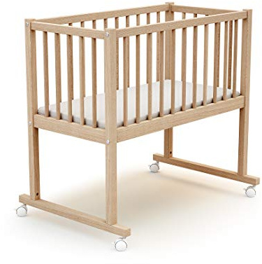 AT4 - Baby Wiege Bett Holz mit Rollen 40x80 Essentiel Buche Natur roh | 86 x 58,5 x 80 cm | Babybett mit Matratze inklusive 40x80x5cm | 4 multidirektionale Räder