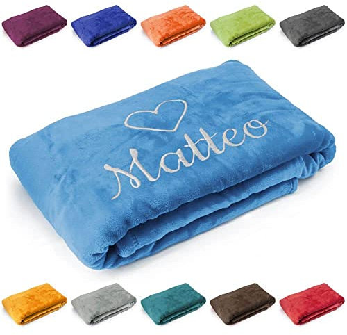 Kuscheldecke 'Herz' mit Name oder Wunschtext bestickt, Geschenk zu Valentinstag, Geburtstag, Hochzeitstag, 200cm x 150cm extra weiche und gemütliche Sofadecke/Wohndecke, hochwertiges Fleece (Hellblau)