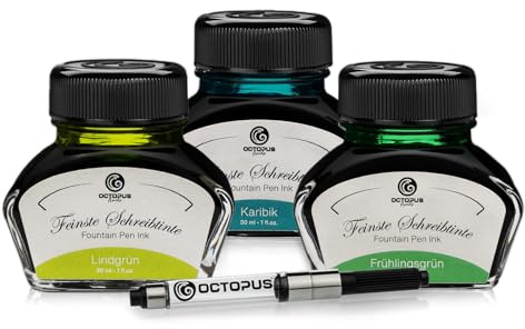Octopus Schreibtinte Lindgrün, Karibik, Frühlingsgrün, Füllhaltertinte im Tintenglas mit Konverter, Geschenkset Schreibtinte für Füller und Feder, Tinte zum Schreiben und Malen, 3 x 30 ml