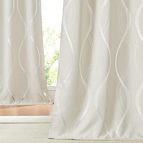 Pony Dance Rideau Occultant - Rideaux Beige Thermique Isolant Motif Argenté Courbe Décoration de Maison Salon Lumière Bloquer avec Oeillets, L 140 x H 220cm, Beige Clair, Lot de 2