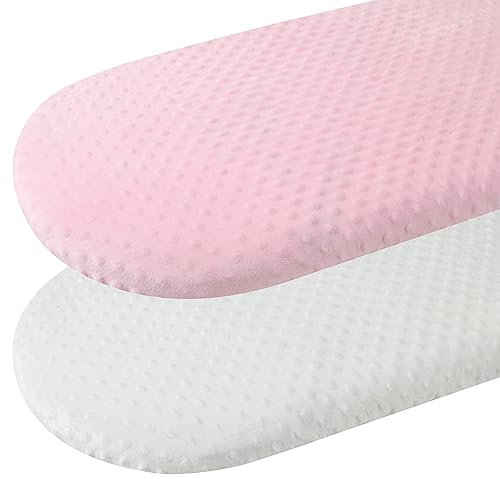 Minky Stubenwagen-Bettlaken-Set, Stretch-Spannbetttücher, ultraweich, dick, universelle Passform, oval, rechteckig, Sanduhr-Matratze, für Babys, Mädchen und Jungen, Weiß / Rosa, 2 Stück