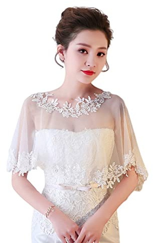 SamHeng Lace Wedding Cape for Bridal, Women Embroidered Flower Bolero Shawl Wrap Shoulder Cover-Up Tulle Capelets for Evening Prom Party Fancy Dress Performance Photo Props (White)