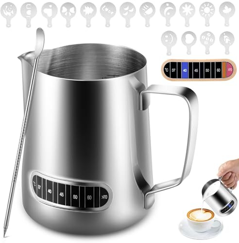 Anpro Milk Frothing Pitcher,350 ml/12 oz 304 with Thermometer | Milk Jug Stainless Steel with Latte Decorating Art Pen and 16 Pcs Coffee Stencils Latte & Cappuccino