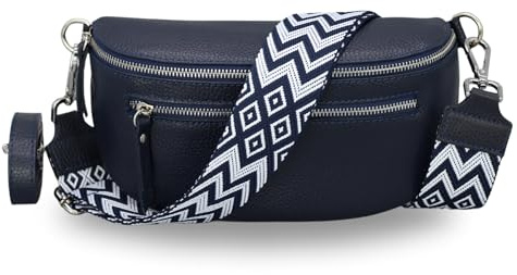 Brise Art Bauchtasche Damen Echtes Leder Lucia Handgemachte Umhängetasche Crossbody Bag mit Ledergurt + Optionalen Breiten Gemusterten Riemen 3 Fächer Stylisch Made in Italy (Dunkelblau-2)