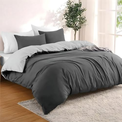 Dreamzie Funda Nordica Cama 200x200 cm con 2 Funda Almohada 50x70 cm - Gris Oscuro/Gris Claro - Funda nordicas 200x200 de 100% Microfibra. Funda Nórdica Certificada sin Productos Químicos