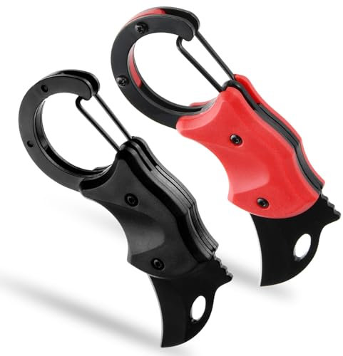 Wisebom Coltello pieghevole con coltello, 2 pezzi, nero e rosso, EDC con moschettone, acciaio inox 3CR13, mini coltello tascabile portatile, per attività all'aperto, campeggio, casa