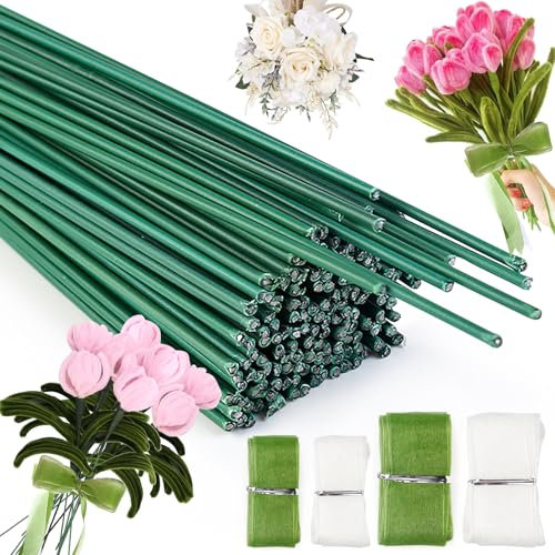 Mumjooyi Basteldraht Grün Blumendraht Floristikdraht 30cm 100 Stück mit Blumenverpackungsband Blumenstamm Draht Grün für Blumenarrangements DIY Blumenbouquets Handwerk Floristendraht
