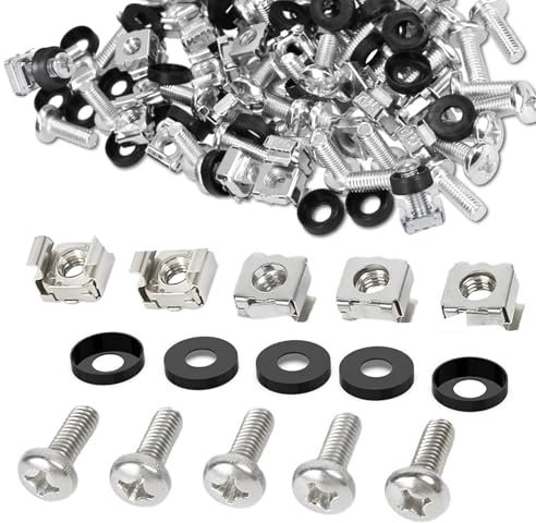 M6 Rack Mount Cage Nuts, 50 Pcs Screws and Washers, Server Rack Screws, Bolts and Washers Kit M6 Cage Nuts for Rack Mount Data Cabinets Server Shelves Fixing and Installation