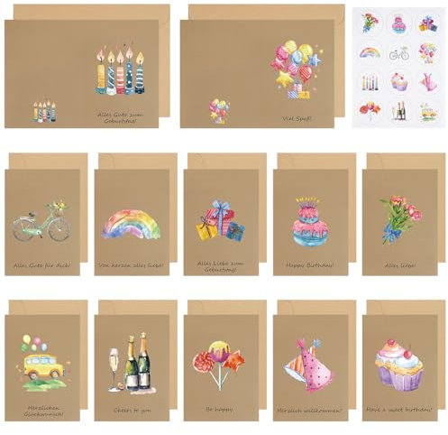 12 Stück Geburtstagskarten Set mit Umschlag, Glückwunschkarten Geburtstag Klappkarten Geburtstagskarte Inklusive Briefumschlag und Aufkleber, Kraftpapier Wasserfarben Grußkarten für Familie & Freunde
