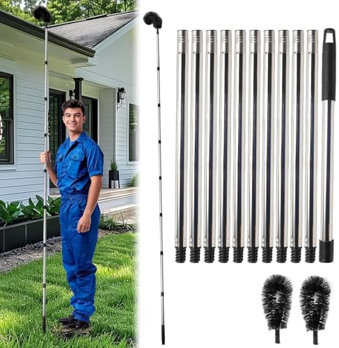 Sonhomay Cepillo limpiador de canalones telescópico de 14 pies, cepillo de limpieza de canalones largo, herramienta de limpieza flexible, capacidad de limpiar fácilmente hojas de techo, escombros, luz