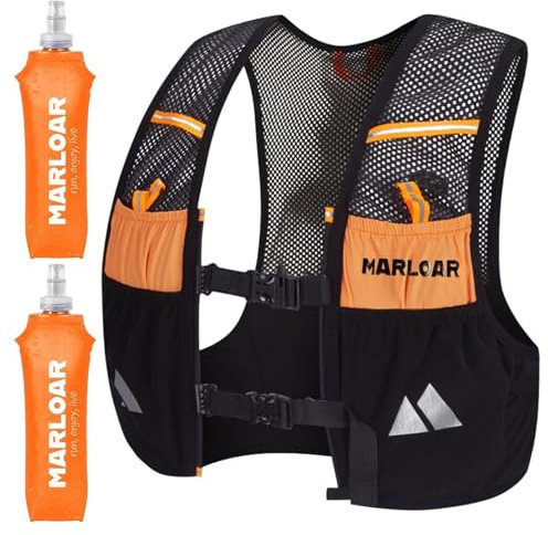 MARLOAR Sac Hydratation Running avec 2 Flasques Souples Offertes – Gilet Trail Léger et Respirant – pour Course à Pied, Trail et Randonnée (Noir ET Orange, L)