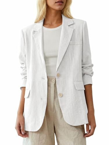 Mina Self Linen Blazer Jackets for Women Short Sleeve Spring Summer Long White Oversized Womens Blazers Lightweight Business Casual Work Professional Boyfriend Trendy Dressy Women's Suit Jacket