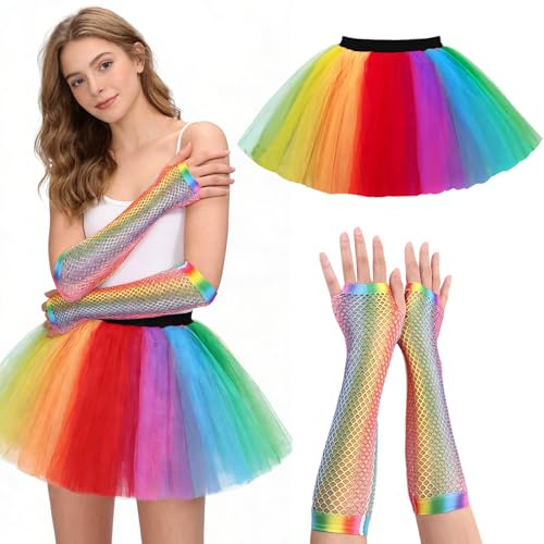 SAIIURV Jupe tutu fluo pour femme, tutu arc-en-ciel avec gants en filet de pêche, vêtements fluo, jupes de ballet arc-en-ciel des années 80, accessoires de fête pour anniversaire, Halloween, Noël