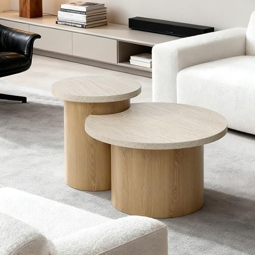 Hometopia Couchtisch rund 2er Set aus Holz, Moderne Wohnzimmertische und Beistelltische in Steinoptik & Holzoptik, Kaffeetisch mit römischer Säulenbasis für Wohnzimmer, Balkon oder Schlafzimmer