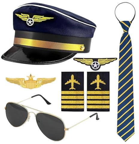 CLIUNT 7Pcs Airline Pilot Captain Hat Costume Accessories Set, Pilot Fancy Dress Kit with Captain Hat Armband Badge Sunglasses Tie Cosplay Outfit for Adults Dress up Party