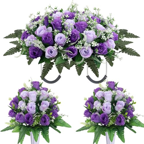 Lodou 3 Sets Cemetery Flowers for Grave,Headstone Flower Saddle,Grave Memorial Flowers with Vase for Cemetery Headstones Decoration(Purple)