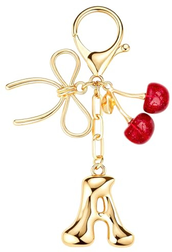 Uideyvi Initial Keychain Letter Bag Charms for Women, With Bow and Cherry Cute Purse Handbag Accessories (Red Cherry and Initial A)