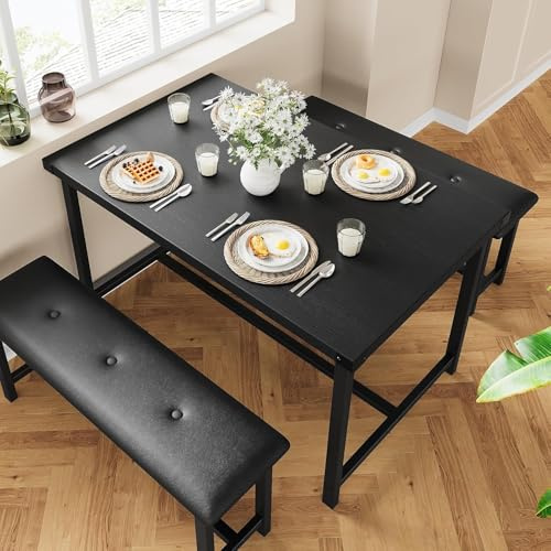 AffinityFurn Dining Table Set for 4, Dining Table and 2 Upholstered Benches