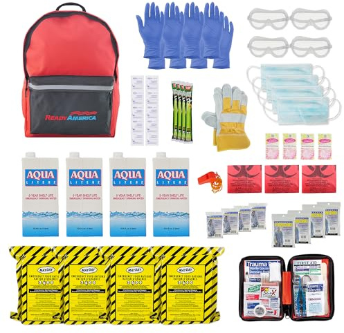 Ready America 70380 72 Hour Emergency Kit, 4-Person, 3-Day Backpack, Includes First Aid Kit, Survival Blanket, Emergency Food Portable Disaster Preparedness Go-Bag for Earthquake, Fire, Flood