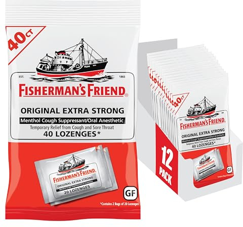 Fisherman's Friend Original Extra Strong Cough Lozenges (40 Drops x 12-Pack), 10mg Natural Menthol, Cooling Relief from Sore Throat, Persistent Cough & Everyday Irritation, Vegan & Gluten-Free