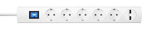 Kopp UNOversal® Plus 5-Fach Steckdosenleiste + 2X USB-Anschluss 1,4m mit Schalter & großem Abstand I Mehrfachsteckdose mit Berührungsschutz I Steckerleiste Indoor I Weiß – 233602000