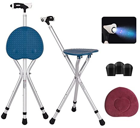 Folding Cane Seat Combo 400 lbs Capacity Portable Cane Stool Handy Folding Crutch Chair Seat 3 Legs Height Adjustable Heavy Duty Thick Aluminum Walking Stick Tall Unisex for Elderly Travelon Blue