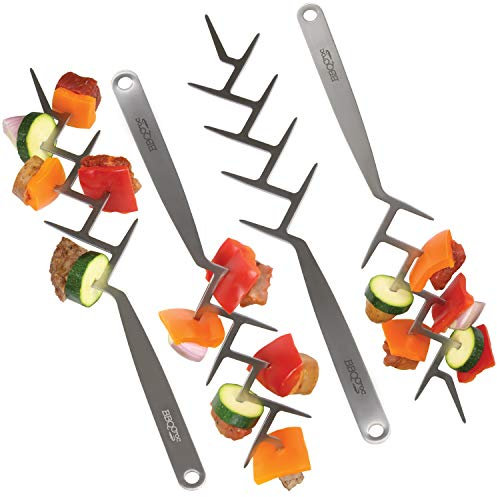BBQ Croc ZIG ZAG Skewers – Set of 4 – Brushed Stainless Steel 15” Kabob Brochettes for Barbecue and Oven, Reusable Flat Branch Style