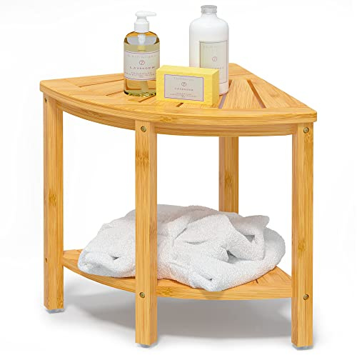 Bamfan Bamboo Corner Shower Bench Waterproof Stool with Space-Efficient Storage Shelf - Shower Stool Seat for Indoor or Outdoor Use