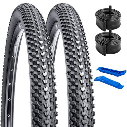 YunSCM 2er-Pack Faltbar 26 Zoll Reifen 26x1.95 Mantel 50-559 Plus 2er-Pack 26 Zoll Schlauch AV32mm Valve kompatibel 54-559 Mountainbike 26x1.90 26x1.95 26x2.0 Fahrradreifen und Schlauch