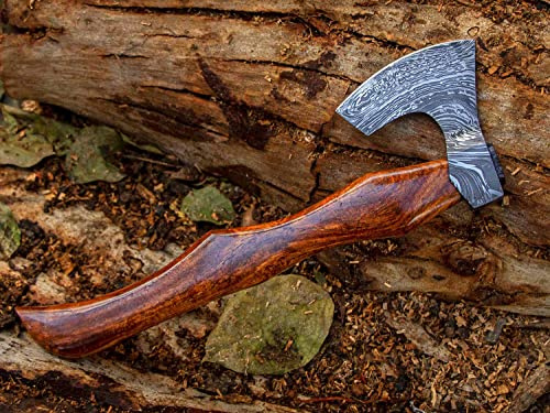 JNR Traders Handmade Damascus Viking Axe Bearded Chopping Axe, Camping Outdoor Hatchet for Wood Splitting and Kindling vk2236 (Large), Brown2236