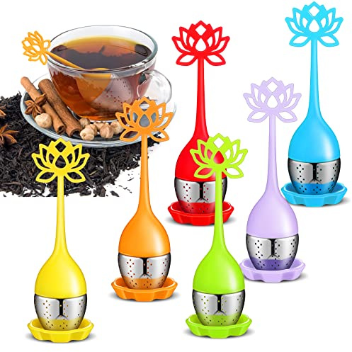 Set of 6 Silicone Tea Infuser Filter Loose Leaf Steeper Flower Tea Strainer Spoon Stainless Steel Loose Leaf Ball Handle Silicone Mesh Cup Filter Strainer(Lotus)