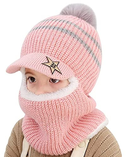 iNszkoos Barn vinter stickade mössor öronlapp huva halsduk set unisex vindtät tjock mysig fleece foder mössa mössor med halsvärmare virkad hatt set skidåkning cykling snowboard keps för 2-6 år pojkar