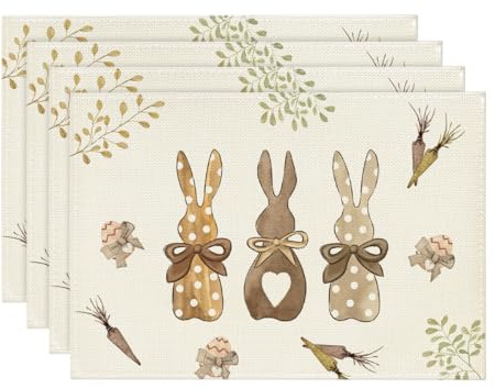 Artoid Mode Juego de 4 manteles individuales, diseño de lunares, conejos, zanahorias, Pascua, temporada de primavera, cocina, decoración para interiores, vacaciones, fiestas, 30 x 45 cm