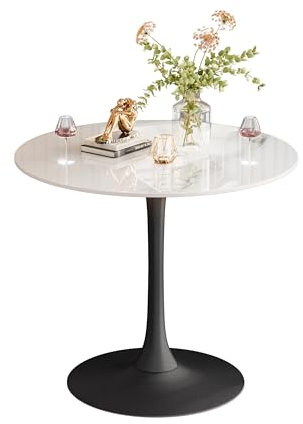 FATIVO Esstisch runder Küchentisch Marmor: Weiß Esszimmertisch Kleiner Skandinavisch Esstisch Ø76cm Rundtisch Luxus Hochglanz Tische für Esszimmer Restaurant Schwarz Metall Tischbeine 76×78.5CM