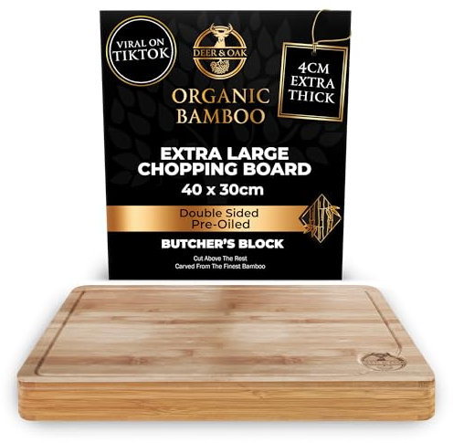 Deer & Oak Planche à découper extra large – Bloc de boucher en bambou de qualité supérieure, 40 x 30 x 3.8 cm, planche à découper en bois pour cuisine, planche à découper très résistante