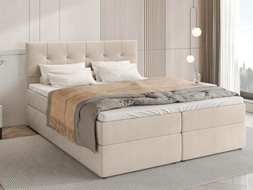 BROMARKT Boxspringbett mit Bonell Matratze und Bettkasten Doppelbett mit Topper 180x200cm Härtegrad H3 Bett für Schlafzimmer gepolsterte Kopfstütze Detroit Beige