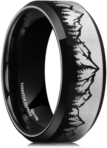 King Will 8mm Mens Wedding Band Black Plated Tungsten Wedding Ring for Men Mountain Tree Lasered Rings Size 7-14丨Nature Collection 9.5