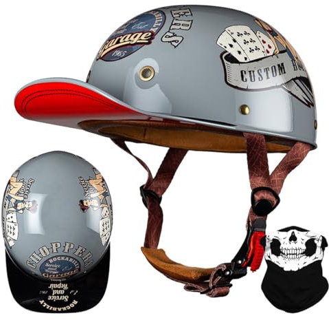 RQTEUYE Vintage Motorrad Baseball Cap Halbhelme, Retro Jethelm Halbschalenhelm mit ECE Zulassung mit Schnellverschluss für Scooter Cruiser Chopper Herren Damen Motorradhelm M-XXL