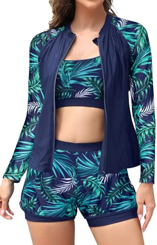 SHEKINI Frauen 3-teilige Reißverschluss Rash Guard Badeanzüge mit Tank Bikini Top für hohe Taille Boyshort (Tiefblauer Druck, Large)
