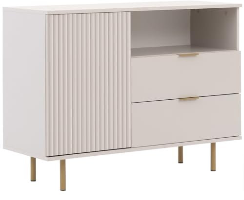 Marmex Nubia 01C Kombikommode, eintürige Kommode mit 2 Schubladen, Kommode auf hohen Möbelbeinen, Kommode mit geriffelten Schranktüren, 107x80x41 für Wohnzimmer, Schlafzimmer, Flur (Cashmere)