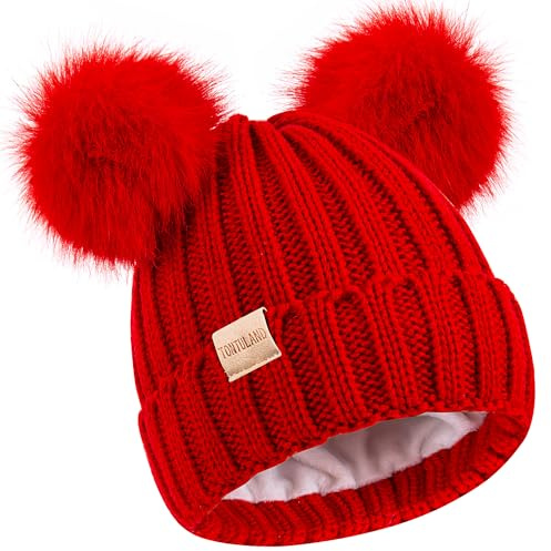 Kids Winter Beanie Hat Warm Ski Caps with Pompom Fleece Lined Children's Knit Hat for Boys Girls Red