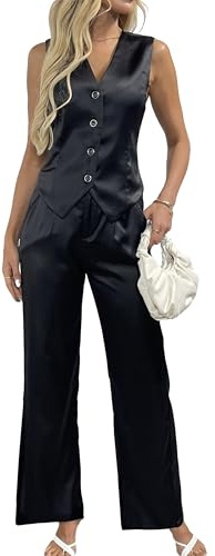 Set di abiti da donna in raso, 2 pezzi, con giacca e pantaloni a gamba larga in seta, per lavoro, cerimonie e matrimoni, nero, Medium