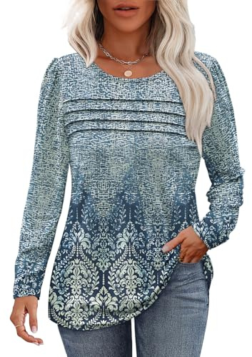 Aokosor Long Sleeve Tops For Women Sweatshirts For Women Uk Dressy Casual Blouses Trendy Pleated Ladies Tunic Tops Plus Size 18-20 Floral Beige Blue XL